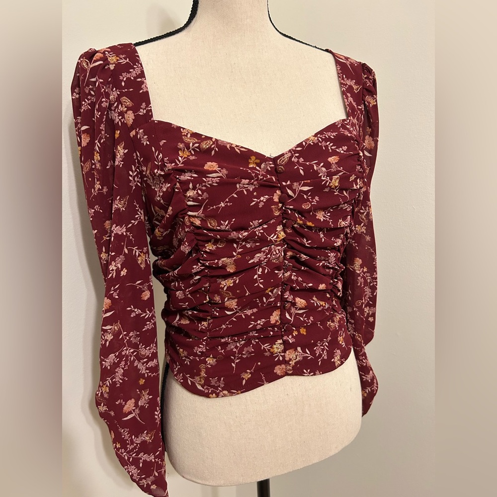 Burgundy Floral Mesh Balloon Sleeve Crop Top
